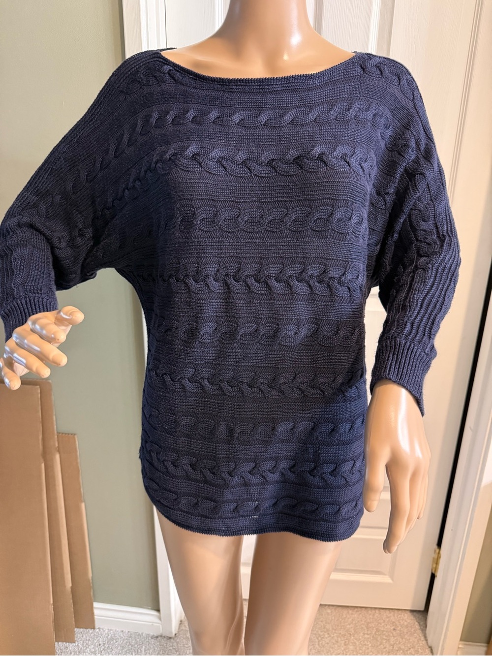 Polo Ralph Lauren Cable Knit Long Sleeve Sweater Navy Blue Size L Boat Neck